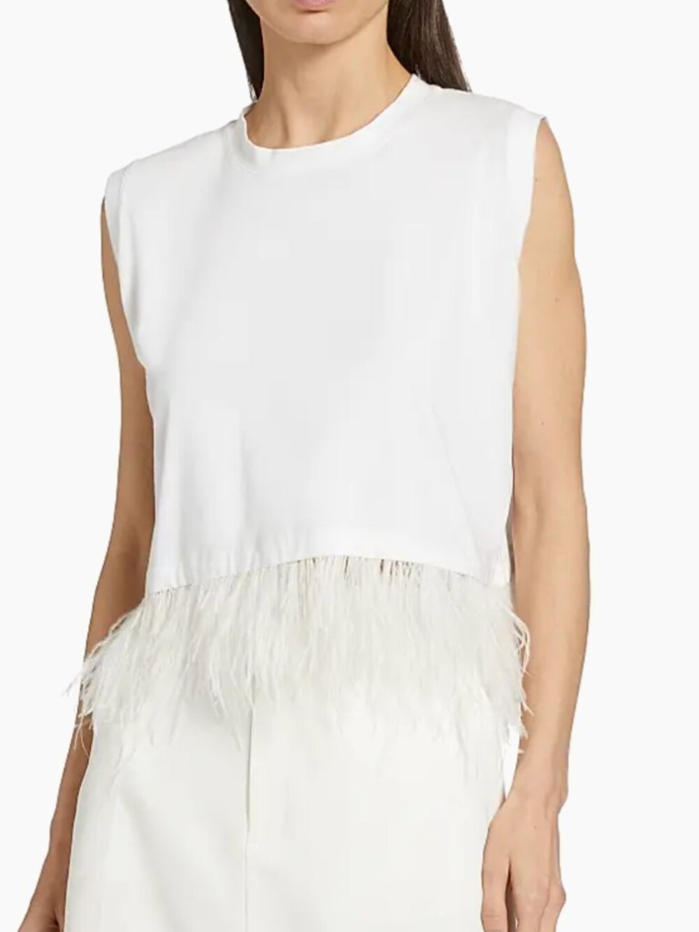 Cinq à Sept Feather-Trimmed Stretch-Cotton Crop T-Shirt - Picture 10 of 10